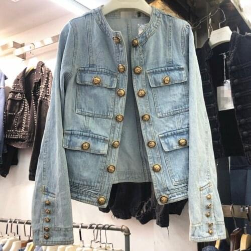 2021 spring new vintage washed denim jacket women o-neck double breasted slim short jeans coat