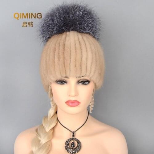 Women Knitted Mink Fur Hat Female Fur Cap With Fox Fur Pompom Lining Woman Winter Headwear Pom Pom Hats For Beanies