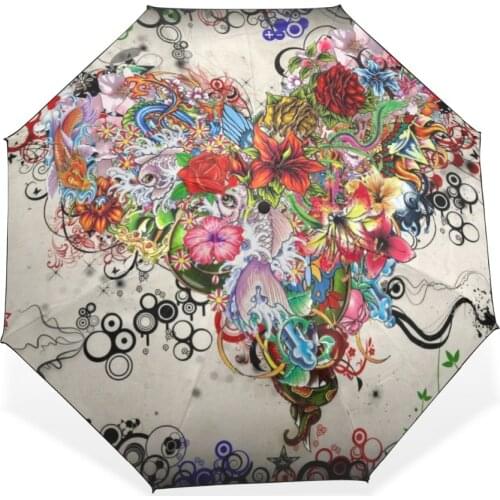 3 Folding Parasol Sun Protection Anti-UV Women Rain Umbrellas Floral Heart Art Pattern Windproof Compact Ultra Travel Umbrella