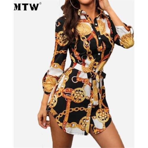 2020 Spring Women Elegant Chiffon Dress Casual Long Sleeve Chain Print Mini Shirt Dress Retro High Waist Party Dresses