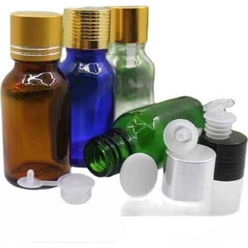 15ml 50pcs green/blue/brown/clear glass bottle with gold/silver aluminum lid essential oil serum liquid complex recovery pack