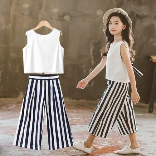 2021Summer Girls Casual Clothing Sets Children SleevelessTops + Stripes Wide Leg Pants Outfits 2Pcs ChildrenOutfits 8101214Years