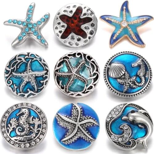 6pcs/lot New Snap Jewelry 18mm Snap Buttons Mixed Crystal Rhinestone Starfish Metal Snaps for Snap Button Bracelet