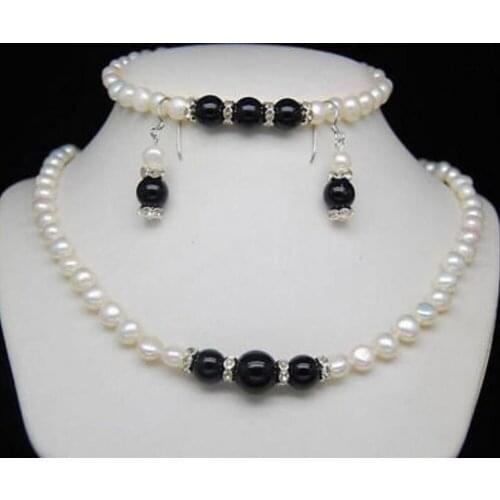 7-8mm White Freshwater Pearl Black Agate Necklace Bracelet Earrings Set