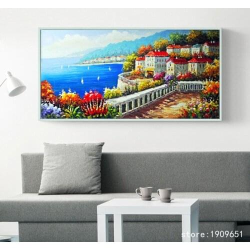 No frame Mediterranean sea impression house seascape canvas printings oil painting printed on cotton wall art decoration picture