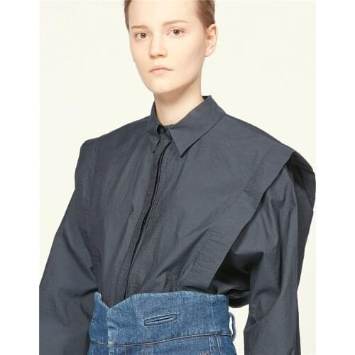 Oversized Woman Cotton blouse Navy Blue Beige Shoulder Padded Long Sleeves Front Buttons Fashion Shirts Blouse Tops 2020