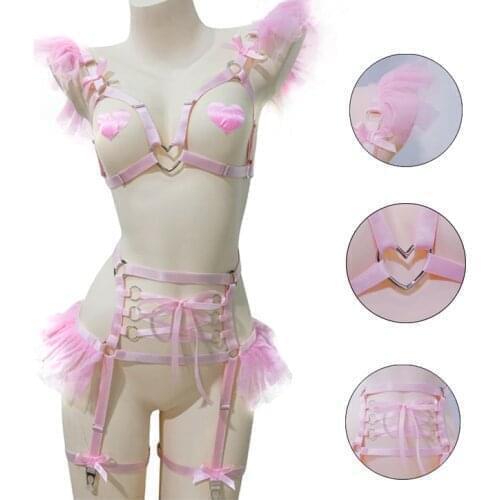 Open Bust Top Bondage Body Cage Lingerie Goth Pink Bow Chiffon Harness Heart Ring Pastel Punk Body Harness Belt Woman Garter