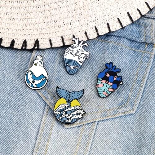 Blue Series Brooch Pins Ocean Organ Anatomical Heart Light bulb Whale Sea Wave Lapel Enamel Pin Badge Collection Jewelry Gifts