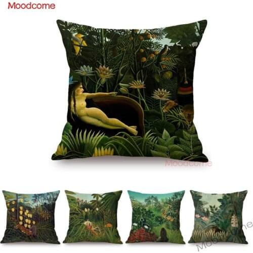 Green Summer Jungle Tropical Leaves Animals Oil Painting Art Sofa Pillow Case Henri Rousseau Dream Artwork Linen Cushion Cover