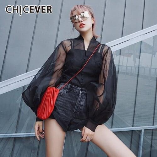 CHICEVER Summer Streetwear Perspective Black Womens Blouse V Neck Lantern Sleeve Button Loose Female Short Shirt 2020 Fashion