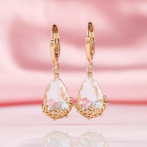 Elegant Simple Gold Petal Shiny Zircon Moonstone Water Drop Dangle Earrings for Women Fashion Party Jewelry Gift