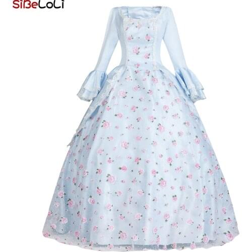 Renaissance Blue Floral Rococo Marie Antoinette Dress Women Southern Bell Civil Dress Theater Clothing