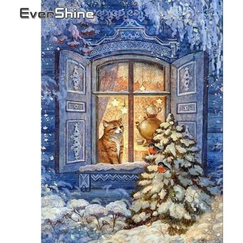 Evershine Diamond Painting Winter With Square Rhinestones Full Set Diamond Embroidery Cartoon Cat Cross Stitch Kit Diamond Art