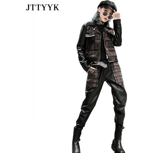 Europe 2021 Autumn 2-piece Set Womens New Leather Locomotive Leather Jacket Top And Pencil pants fashion Two-piece Suit Women