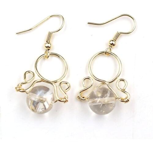 FYSL Light Yellow Gold Color Wire Wrap Clear Quartz Round Beads Drop Earrings for Women Green Aventurine Jewelry