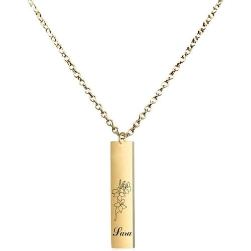 Custom Personalized Name & Birth Month Flower Necklace Stainless Steel Gold for Women Girl Children Vertical Bar Charm Pendant