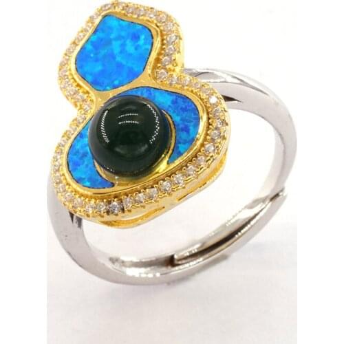 Blue Amber Ring Natural Gemstones Mexico Blue Amber Gourd Round Bead Ring Fashion Trend Vintage Jewelry Women Wedding Party