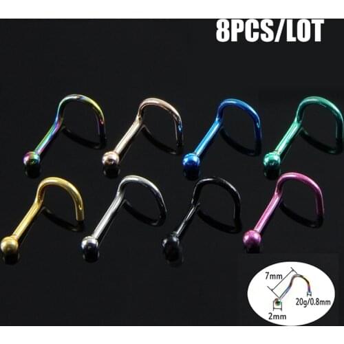 8pcs/Set 20G Nose Ring & Studs Stainless Steel Ball Nose Bone Nostril Piercing Nariz Punk Party Man Women Fashion Body Jewelry