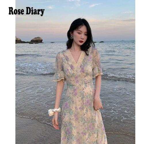 RoseDiary 2021Summer Vintage Floral Dress Elegant Short Sleeve V Neck Midi Beach Chiffon Dress for Women Flare Sleeve Vestidos