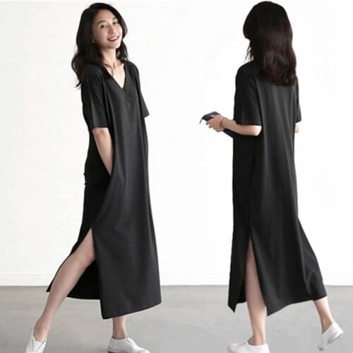 Summer Dress Women V Neck Short Sleeve Nightgowns Dresses Loose Solid Color Long Nightdress Soft Home Clothes robe femme WF081
