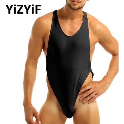Mens Sexy One-piece Sissy Lingerie Sleeveless Criss-Cross Backless High Cut Thong Deep U neckline Jumpsuit Underwear Swimwear
