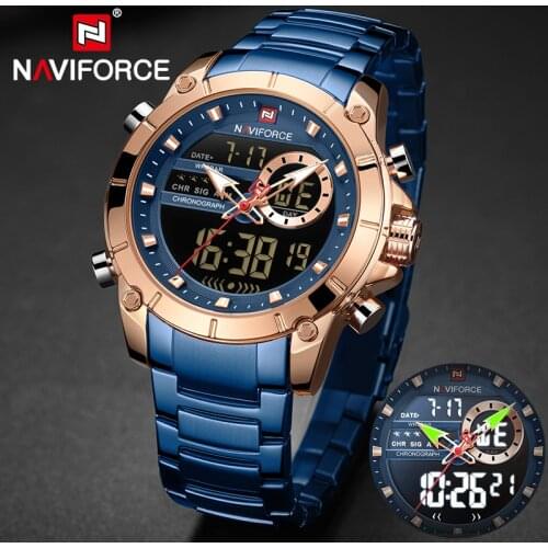 NAVIFORCE Mens Military Sports Wrist Watch Blue Quartz Steel Strap Waterproof Dual Display Male Clock Watches Relogio Masculino