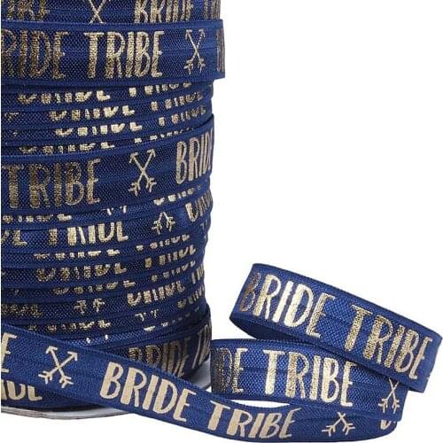 New arrival bride tribe foil printing foe ribbon, 100 yards 5/8" letters gold foil fold over elastic for hair accessories