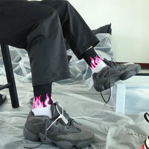Burning flame socks men and women cotton European and American street hip hop Harajuku couple skateboard white Novelty socks