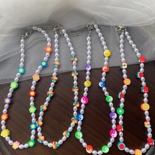 Simple Fancy Multicolor Beads Pearl Choker Necklace Women Neck Accessory Tai Chi Fruit Blue Eye Pendant Short Collar Girl Gifts