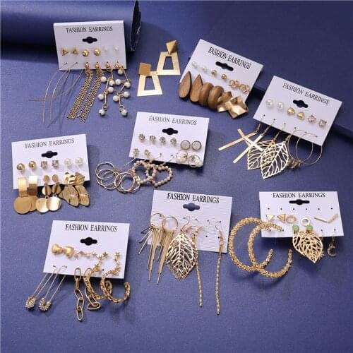 Gold Color Geometric Pearl Crystal Stud Earrings for Women New Boho Earrings Set Punk Jewelry 2021 Female Fashion Statement