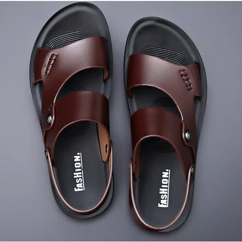2021Summer New Fashion Men Shoes Vintage Real Leather Non-slip Beach Slip-On Sandals Travel Flip Flop Slippers