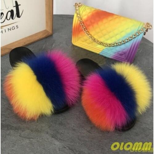 Summer Fluffy Raccoon Fur Slippers Shoes Women Real Fox Fur Flip Flop Flat Furry Fur Slides Outdoor Sandals Woman Amazing Shoes