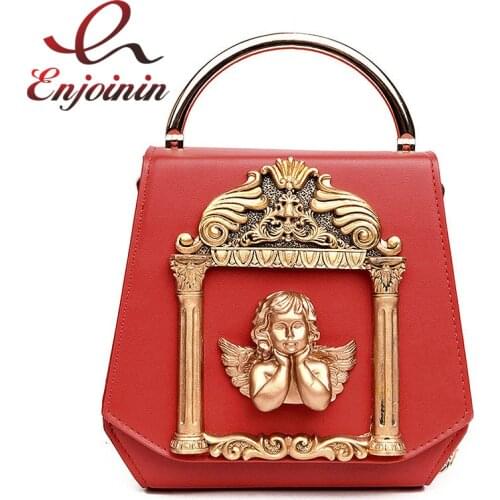Vintage Baroque angel Cupid box shape pu leather pearl chain shoulder bag handbag party purse womens crossbody messenger bag