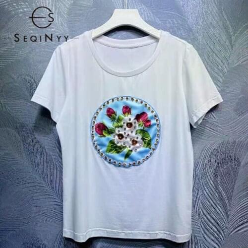 SEQINYY 100% Cotton Tee Shirt Summer New Fashion Design Women Runway Crystal Flowers Print White Top Casual