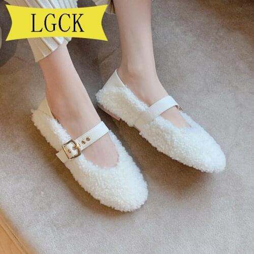 Plus Size 34-40 Womens Shoes Winter Women Shoes Warm Fur Plush Lady Casual Shoes Shearling Platform Belt Buckle Single Shoes