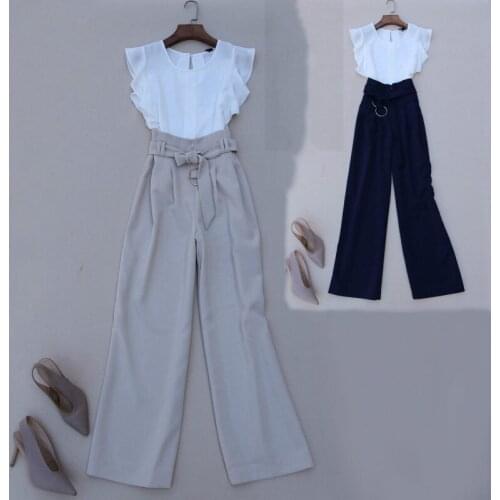 2 piece set women new fashion suit temperament commuter lotus leaf sleeve chiffon shirt high waist wide leg pants womens suit