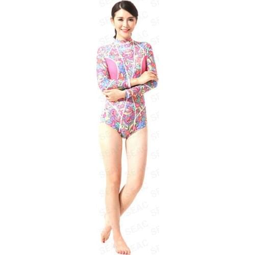 Womens Dive Skin Long Sleeve UV Sun Protection Printed Swimwear Rash Guard One Piece Swimming Suit Long Sleeve Surf Wetsuits