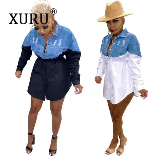 XURU Cross-border Womens Dress European and American Sexy Denim Stitching Color Dress Single Breasted Dress
