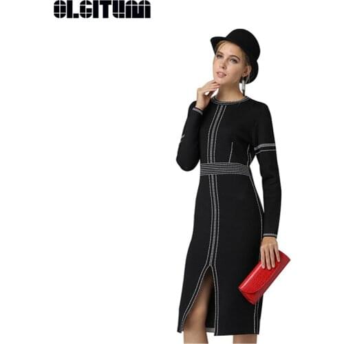 New Autumn Women Fashion Elegant Split Knit Dress 2020 S-XL O-neck Long-sleeved Long Casual Over-Knee Basic Slim Vestido Black