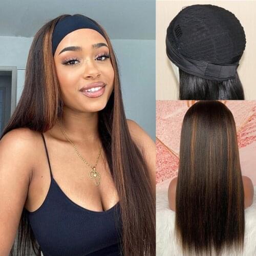 180% Density Bone Straight Hair Highlight Headband Wig Human Hair Blonde Brown Straight Human Hair for African American Women