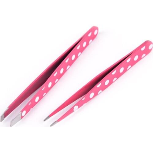 2Pcs Pro Red Dots Stainless Steel Hair Removal Eyebrow Tweezer Eye Brow Clips Beauty Makeup Tools