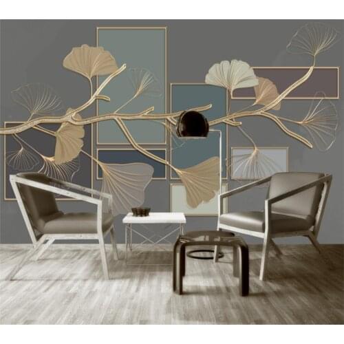 Customized 3d wallpaper new Chinese style ginkgo leaf geometric golden embossed line background wall living room bedroom mural