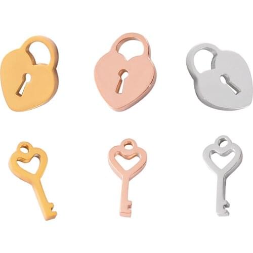 5pcs Heart Lock Key Charms Pendants Polished Stainless Steel Padlock Mini Charms For Jewelry Making Diy Couple Handmade Jewelry