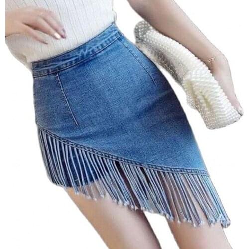 Asymmetric Cotton Black White Hole Denim Midi Skirt With Tassel Streetwear High Waist Wash Distressed Women Bodycon Skirt