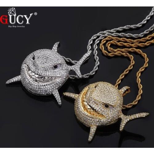 GUCY Small Size Animal Shark Necklaces & Pendant 4mm Tennis Chain Gold Color Bling Cubic Zircon Mens Hip hop Necklace Jewelry