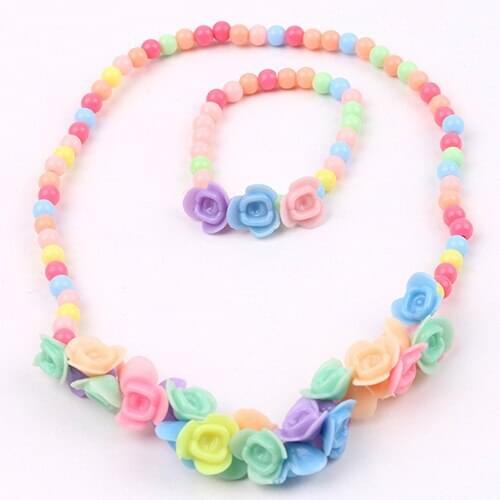 Kids Girls Lovely Multicolor Beads Flowers Necklace Bracelet 2 in 1 Party Jewelry Set
