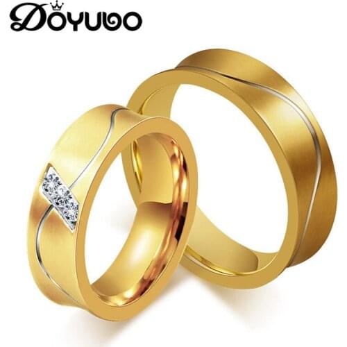 DOYUBO Trendy Lovers Gold Color Titanium Steel Rings With White Cubic Zirconia Wavy Pattern Couples Rings Fine Jewelry DF033