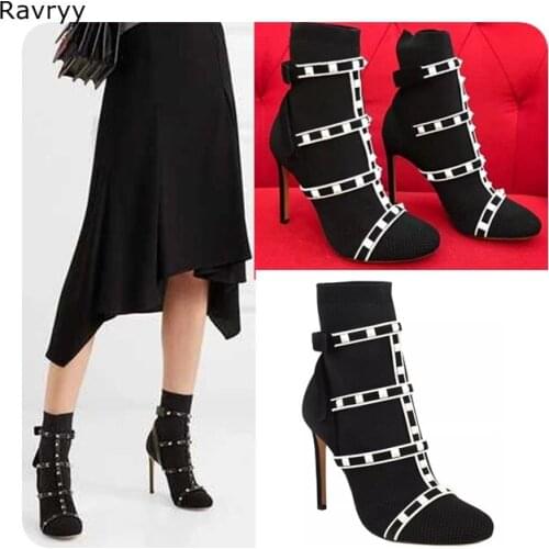 Elastic Womans Ankle Boots Knitting Woolen Black Short Boot Cool Rivet Thin Heel Autumn Female shoes Patchwork Party Show Dress