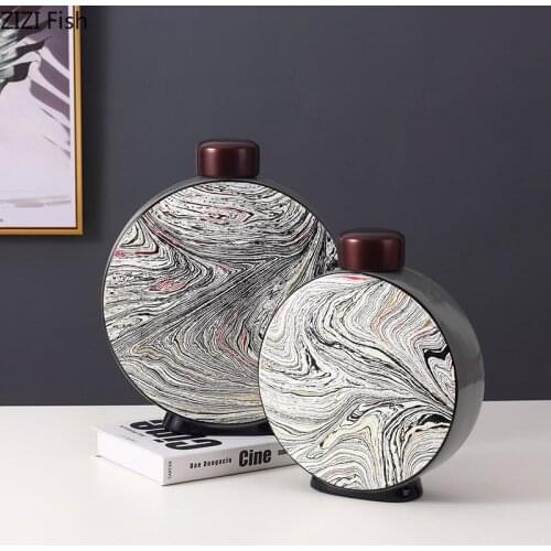 European Ink Flow Line Ceramic Storage Jar with Lid Oblate Sealed Jar Porcelain Storage Container Home Decoration Accessories