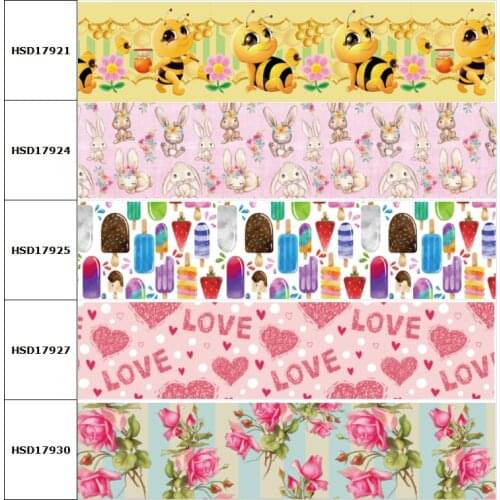 HSDCraft Hot 25MM 10 Yards Flower Rabbit Bee Love Cartoon Printed Grosgrain Ribbon DIY Handmade Hair Accessories Material